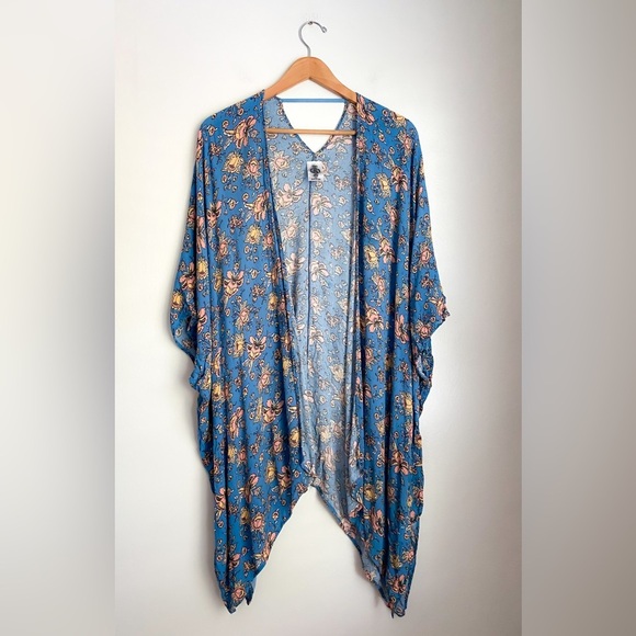 Agnes & Dora Duster Floral Blue Kimono Rayon Oversized Made in USA Boho XS / S - Picture 2 of 6